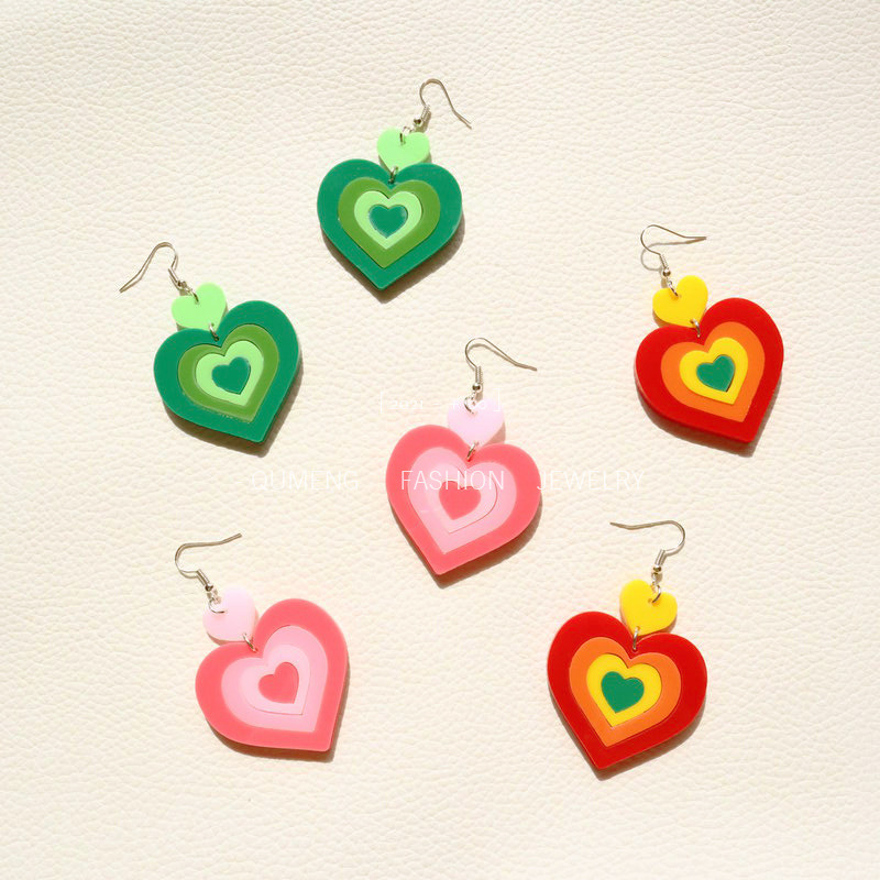 创意新款耳环 气质欧美撞色亚克力爱心耳饰可爱甜美少女心潮耳坠