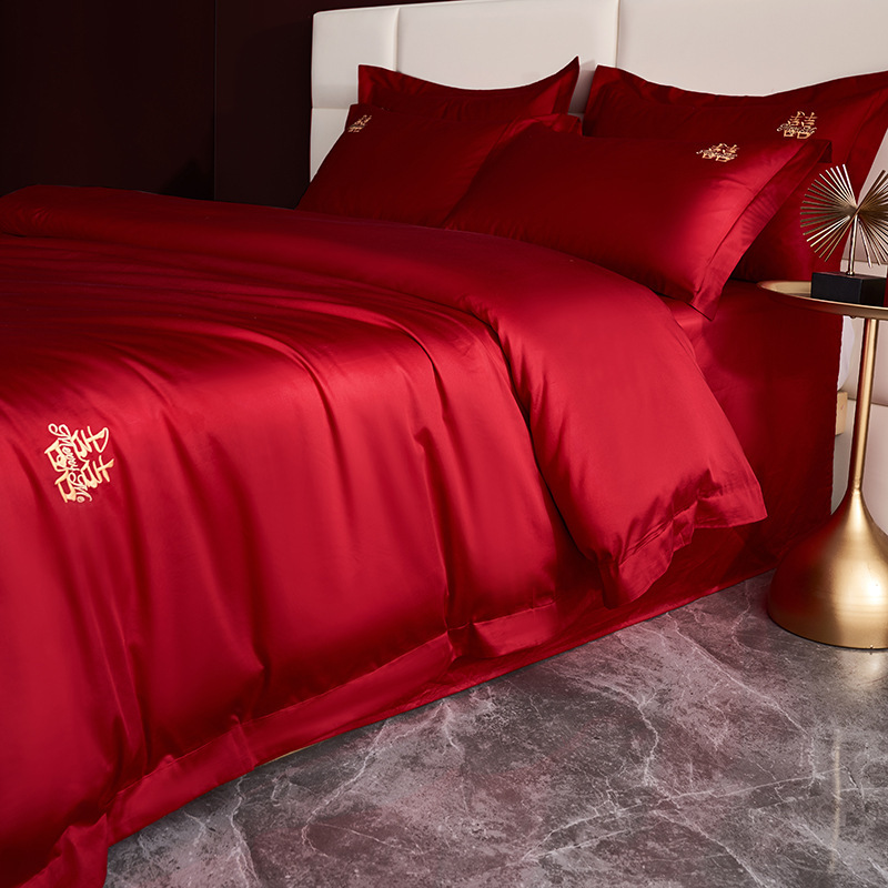 Red Wolf high-end pure cotton wedding four-piece set, simple long-staple cotton Big Red wedding multi-piece set bedding wholesale Application Scenario