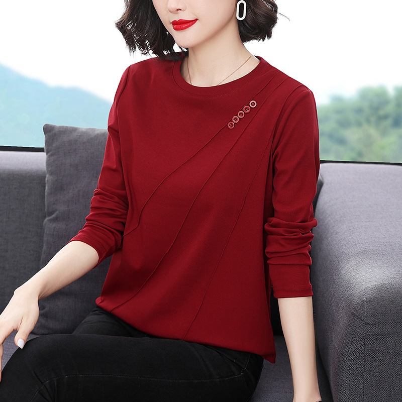 Round Neck Long Sleeve T-Shirt Women 2022 Spring And Autumn New Loose Base Shirt Fashion Middle-Aged And Elderly Mothers Red Top