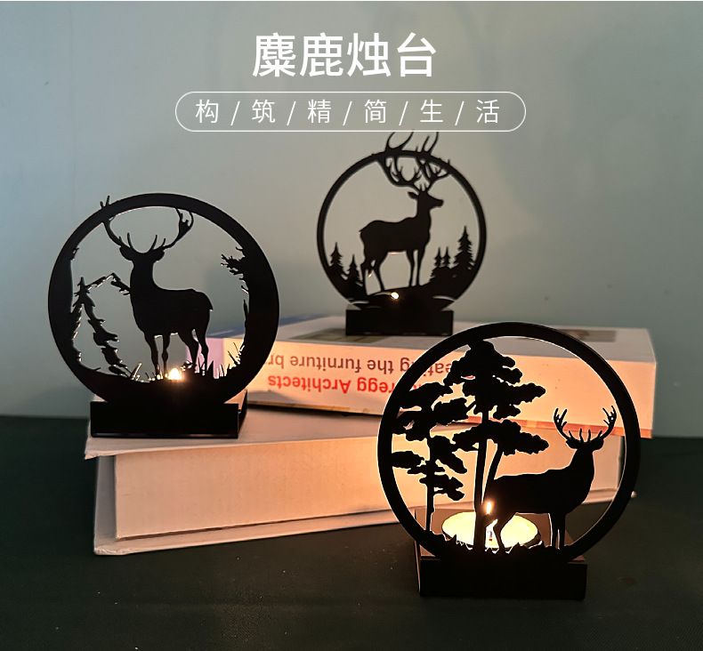 跨境摆件一鹿有你烛台金属黑色铁艺麋鹿圣诞装饰工艺品创意装饰详情1