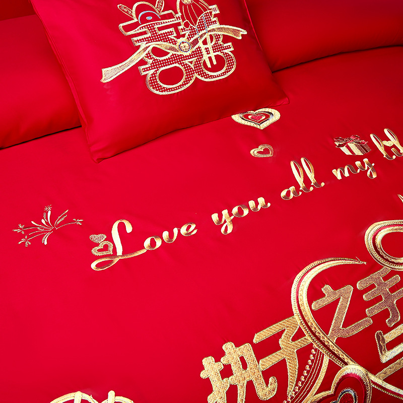 High-end wedding multi-piece set, dragon and phoenix embroidered washed cotton wedding four-piece set, dowry, bright red wedding quilt bedding Specification image