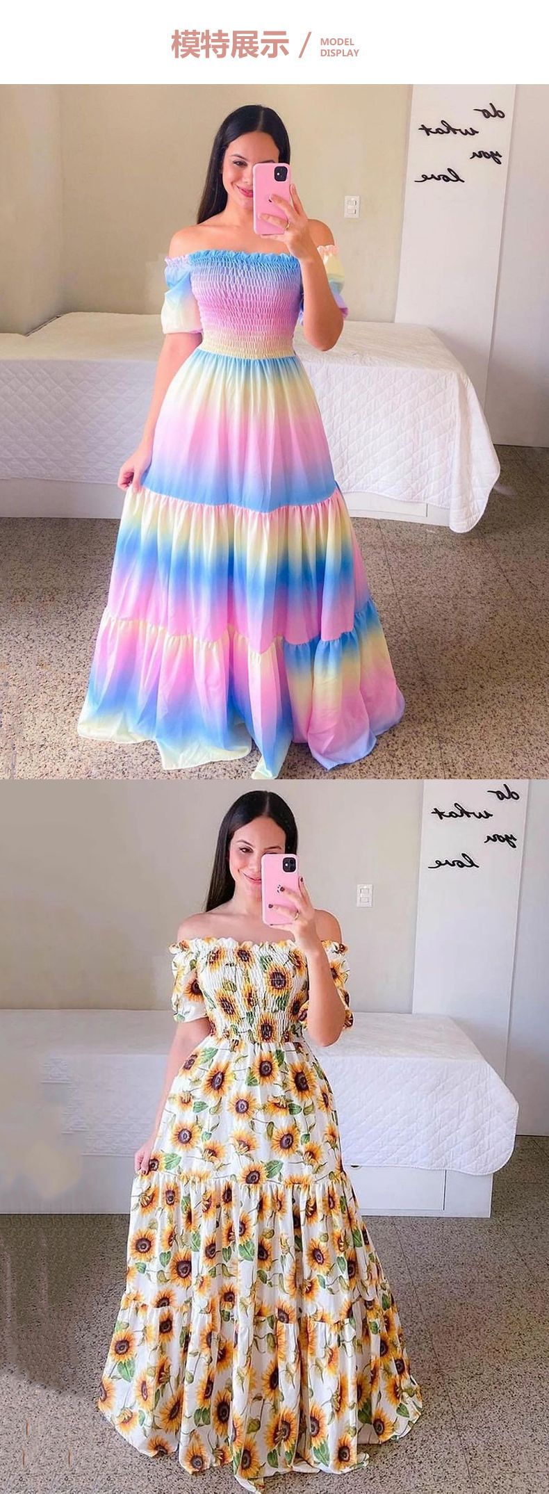 2025跨境新款春夏欧美女装连衣裙 一字肩碎花时尚露肩长款 印花裙详情5