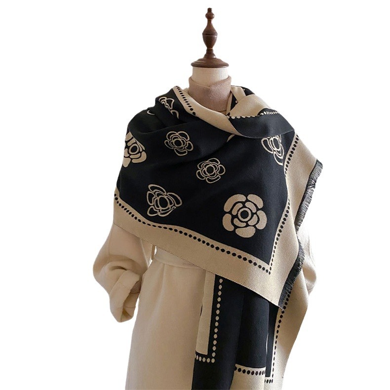 Classic Camellia Imitated Cashmere Scarf Autumn And Winter Everything With Thick Warm Neck With Shawl Small Fragrance Item Picture