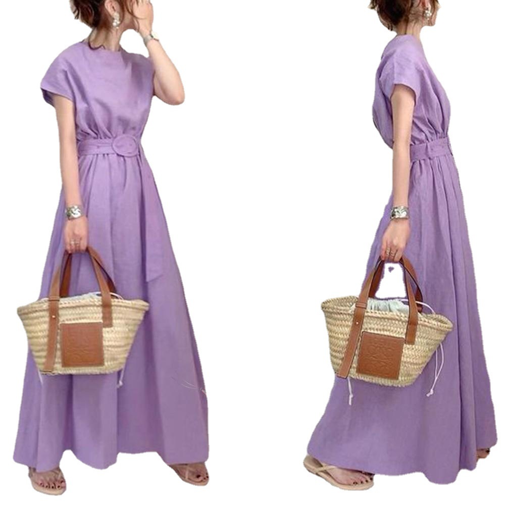 Six-color in-stock 2024 summer new style artistic large skirt, waist-cinching loose plus-size dress with belt