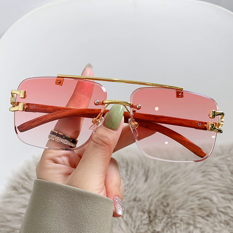 New cross-border personalized glasses, wood-grain leg frameless edge-cut sunglasses, double-beam fashionable and trendy sunglasses for women 90180 Specification image
