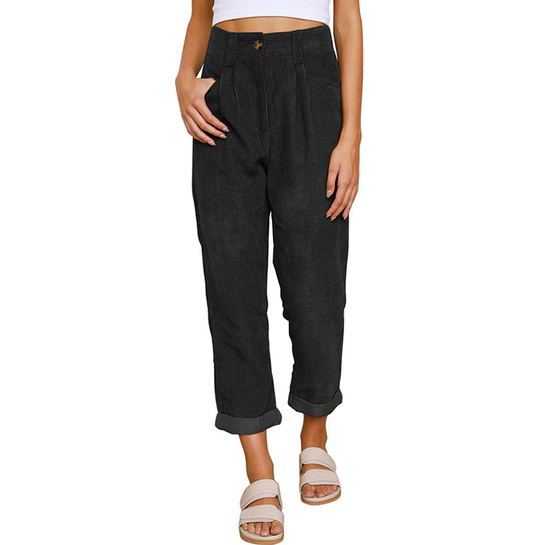 2022 Amazon Autumn New Women's high-waisted casual pants, solid-color corduroy loose straight-leg trousers for women details Picture