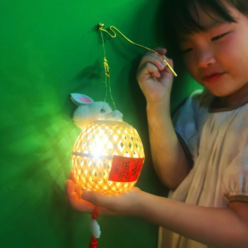 竹编兔子小灯笼中秋节儿童手提发光迷你灯笼DIY材料包手工制作灯