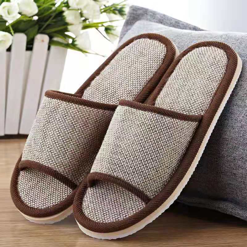 Cross-border spring and autumn four-season linen slippers for women, indoor soft-soled lightweight EVA hotel guests, home fabric slippers for men details Picture