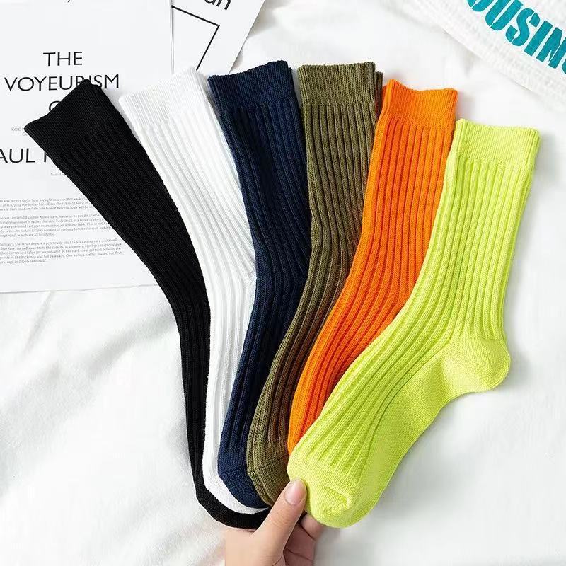 Socks Men Yue Wenle Double Needle Thick Thread Solid Color Mid-Tube Socks Autumn Winter Vintage Cotton Sports Stockings Factory Wholesale