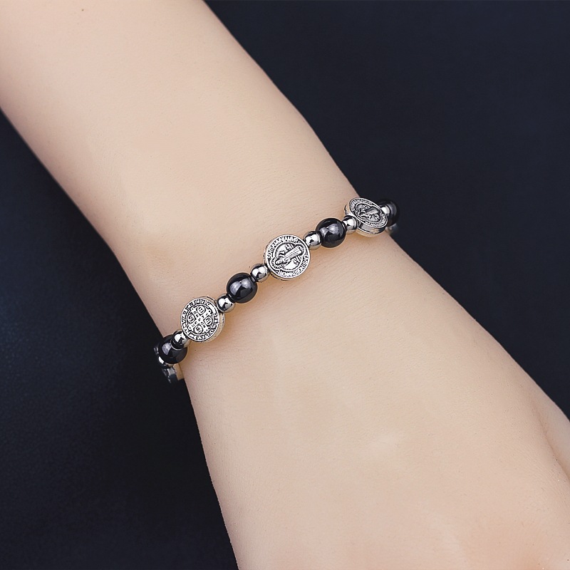 Europe And The United States Cross-Border Foreign Trade Temu Hot Selling Retro Cross St. Benedict Black Gallstone Elastic Bejeweled Bracelet Men And Women's Baptism Bracelet Couple Gift Manufacturers Wholesale Application Scenario