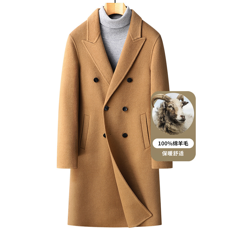 New 100% woolen overcoat for men in autumn and winter, long double-breasted double-sided wool overcoat, knee-length coat for men Item Picture