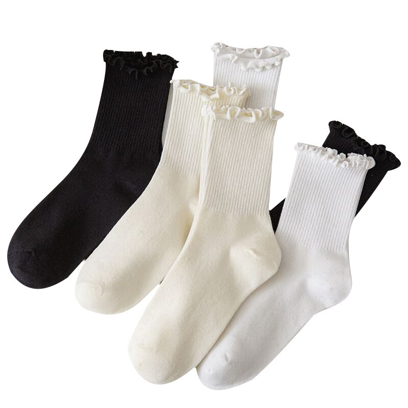 One-piece consignment of socks from the street stall: black ear fringed socks for women, cream white in Instagram, trendy Japanese style, school-style jk lace socks, versatile for summer, mid-calf pile socks, one-piece consignment Item Picture