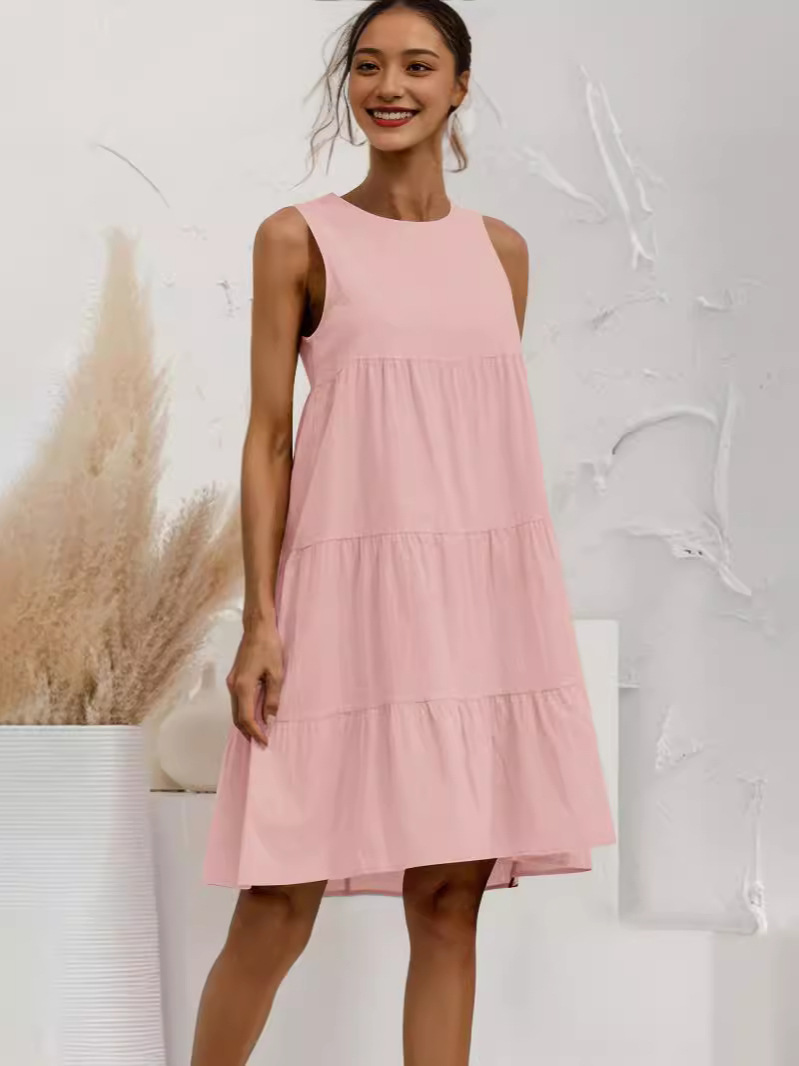 亚马逊2024夏季跨境新款大码女装棉麻无袖拼接宽松圆领纯色连衣裙白底实物图