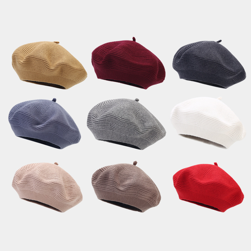 ins纯色文艺复古简约贝雷帽女时尚百搭画家帽秋冬针织保暖报童帽
