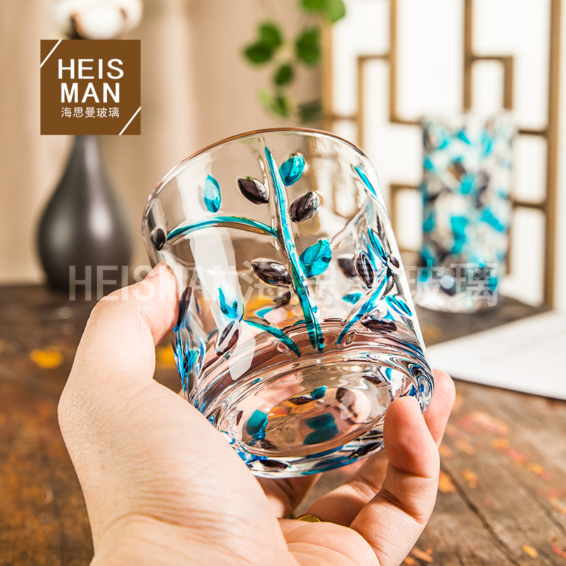 Creative handcrafted hand-painted branch glass cups, engraved water cups, ins relief colored leaf cups, Douyin promotion products details Picture