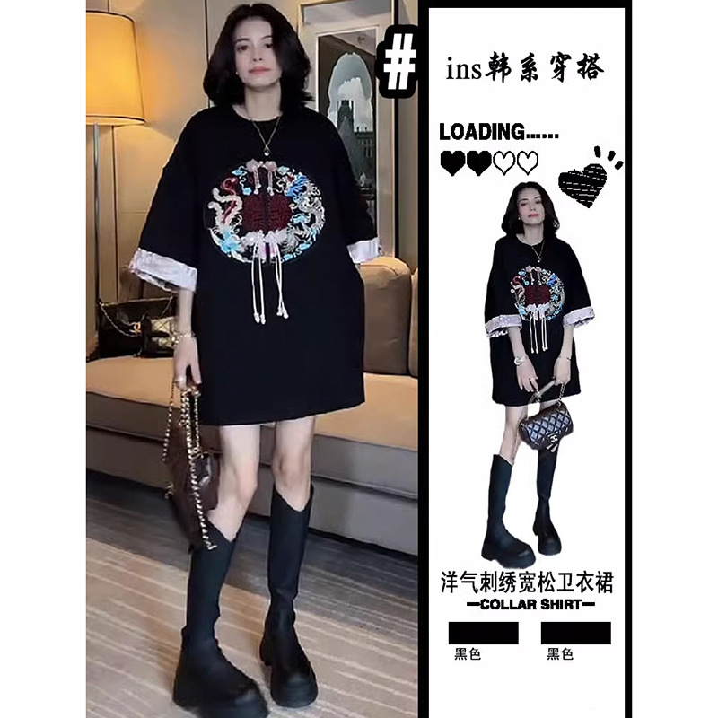 New Chinese-style loose round-neck embroidered T-shirt for women in Europe, a versatile mid-length top HX7256