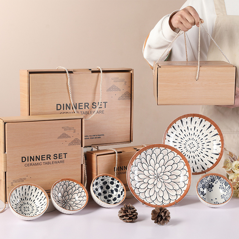 跨境木纹印花陶瓷餐具碗筷盘套装礼品盒陶瓷碗全套