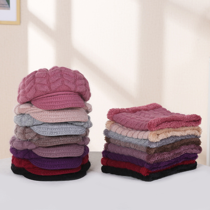 Middle-Aged And Elderly Autumn And Winter Warm Cashmere Two-Piece Set Of Women's Duck Tongue Rabbit Hair Knitted Hat Ear Strap Bib Manufacturers Wholesale