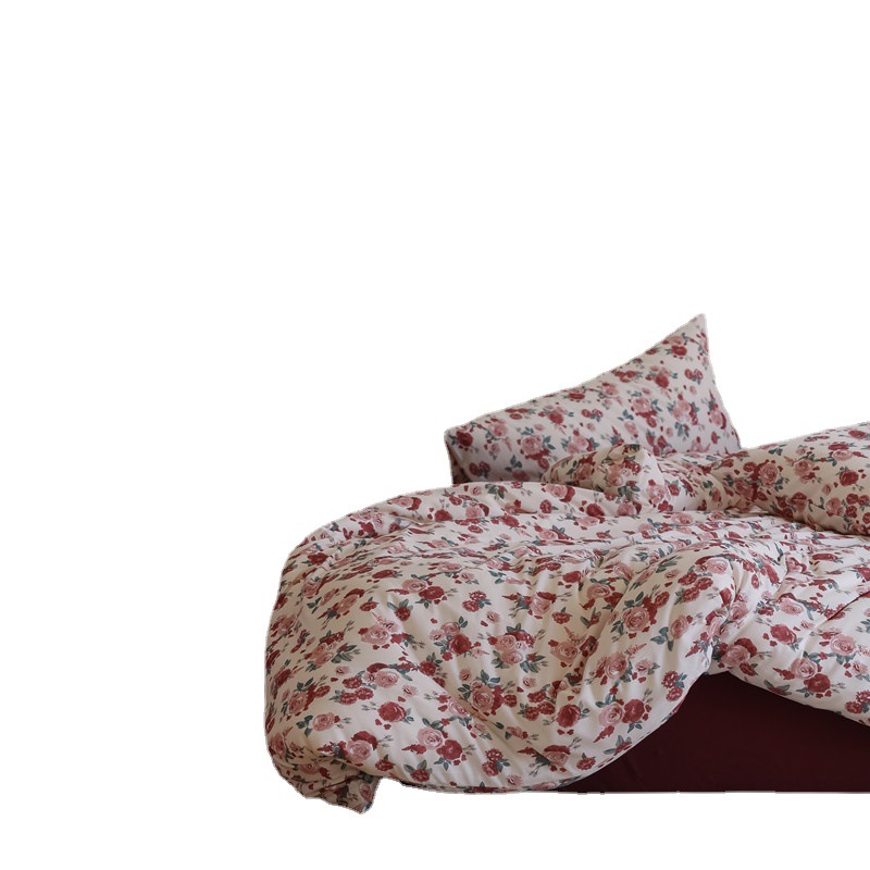 Wedding super soft all-cotton knitted cotton naked sleeping four-piece set, retro printed rose pure cotton duvet cover Item Picture
