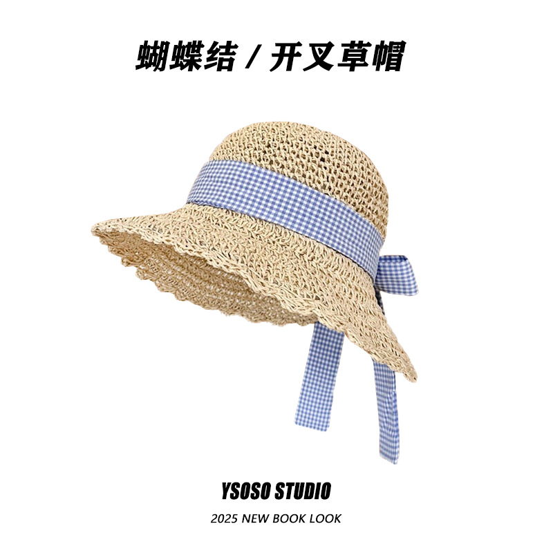 Japanese-style sweet bow-tied straw hats for women's summer seaside vacation and outings, sun hats and sun-protective straw woven hats are in trend details Picture