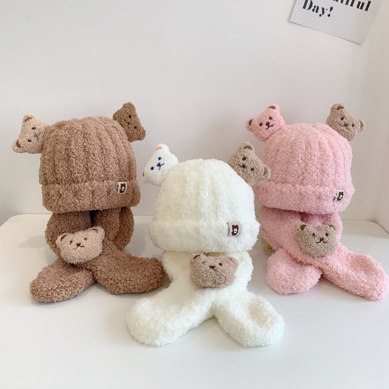 2022 Bear Fur Hat Autumn And Winter Baby Scarf And Hat One Two-Piece Children's Warm Ear Protection Knitted Hat details Picture