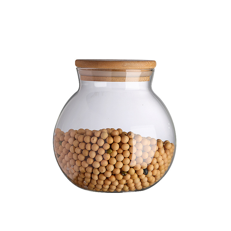 Bamboo lid glass tea canister, sealed jar, household kitchen grain storage box, storage jar, covered storage small jar Item Picture