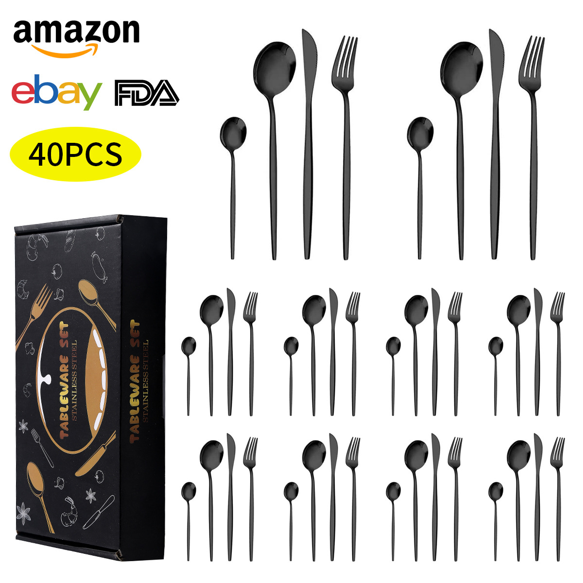 Amazon 24/40/60 set of stainless steel tableware, knives, forks and spoons, 6/12 servings for hotel Western cuisine steak, knives, forks and spoons Specification image