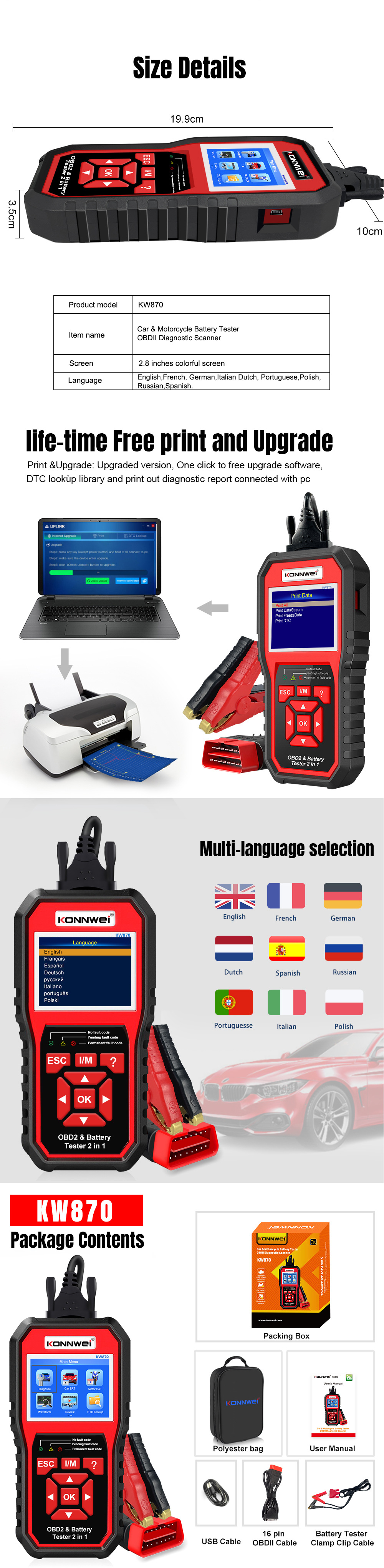 KONNWEI KW870 Car diagnostic instrument + battery detector详情8