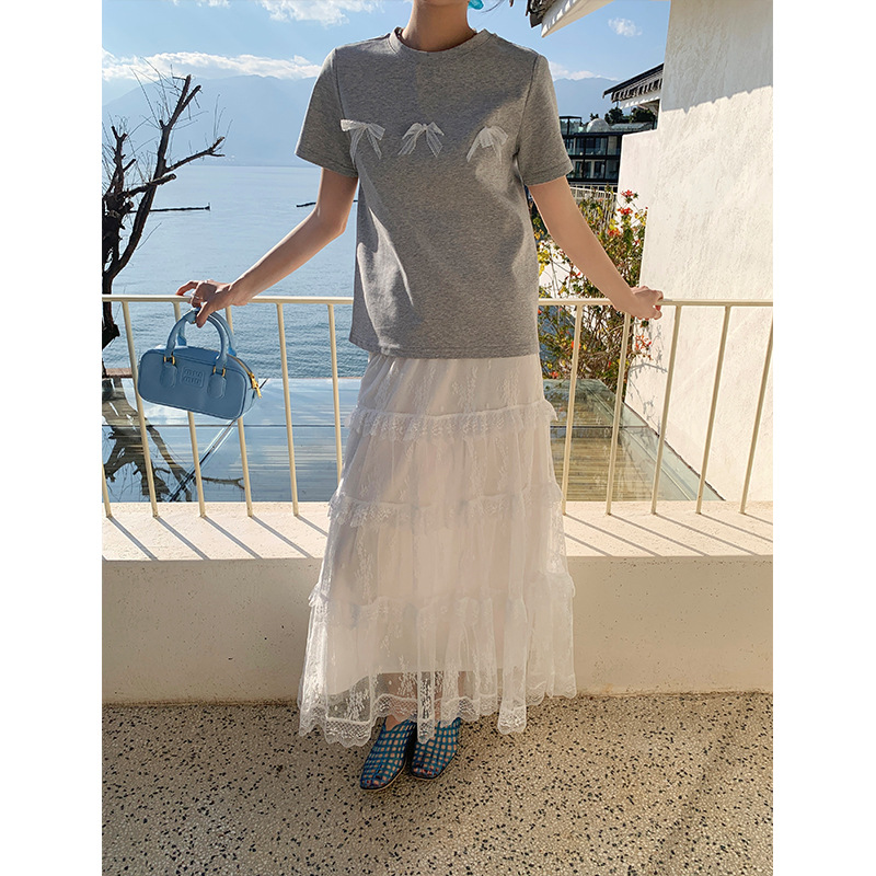 Aisili 2025 Spring Korean ballet-style lace bow design Versatile short-sleeved T-shirt for women 13316 Specification image