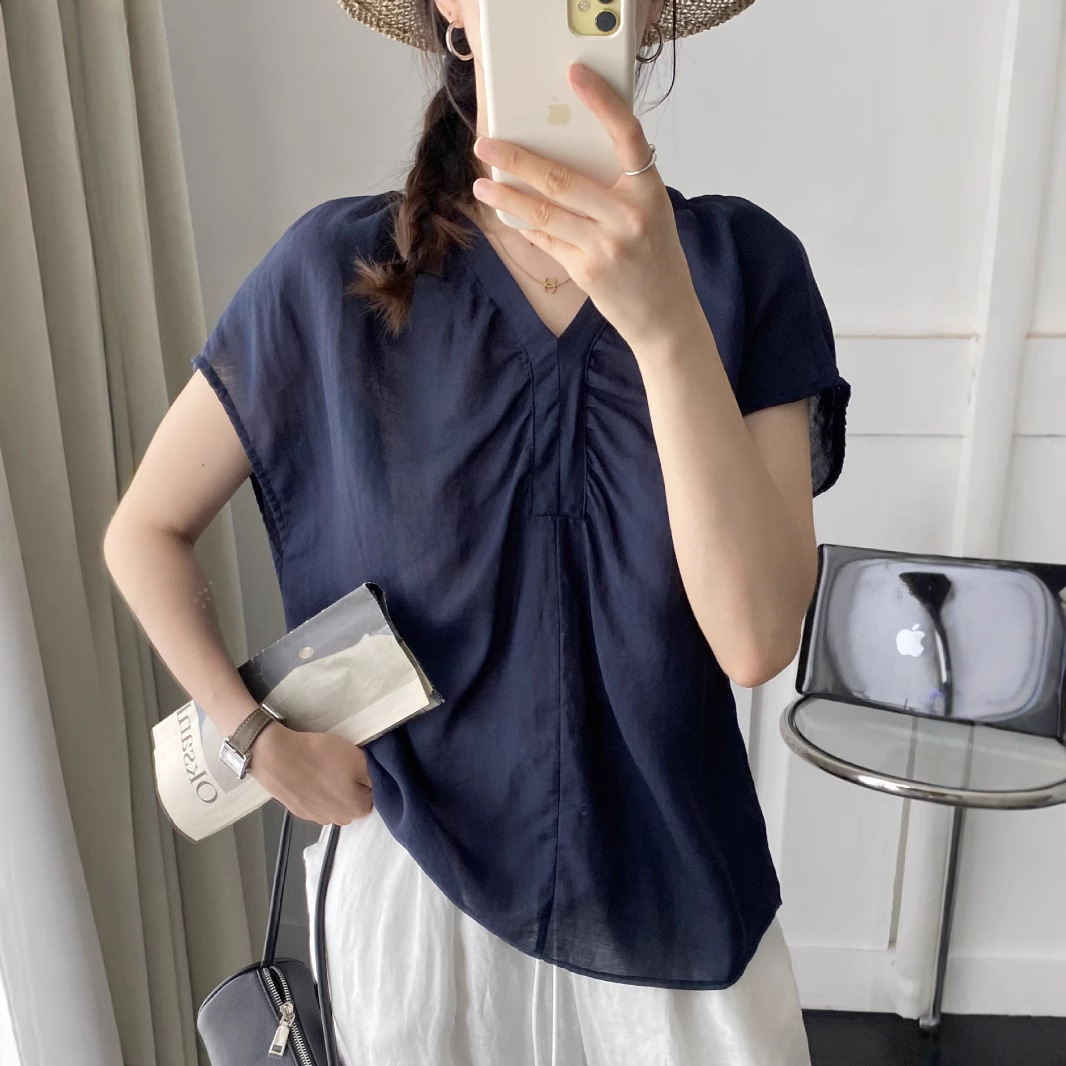 Ramie collarless pleated small flapping sleeve women's youthful shirt, summer short-sleeved T-shirt, design sense, unique and beautiful top details Picture