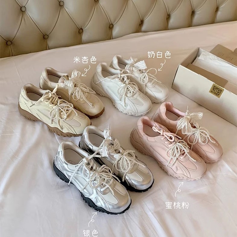 苏茵茵月牙底运动鞋蕾丝珍珠鸳鸯带厚底休闲鞋女德训鞋女小白鞋