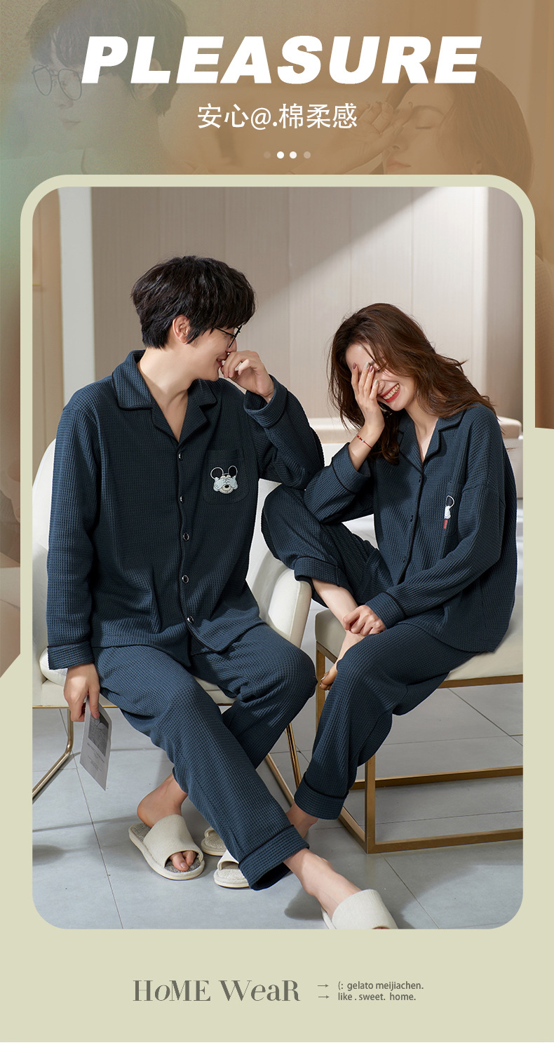 Spring and autumn couple pajamas for women, autumn for men, home wear, long-sleeved shirts, long pants sets, cardigans with front buttons and lapels, casual and home-style pic 109