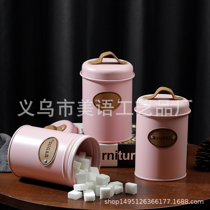 A Three-Piece Set Of New Nordic Dust-Proof Storage Cans With Leather Handles, Coffee Cans, Sugar Cans And Tea Cans In 2021 details Picture