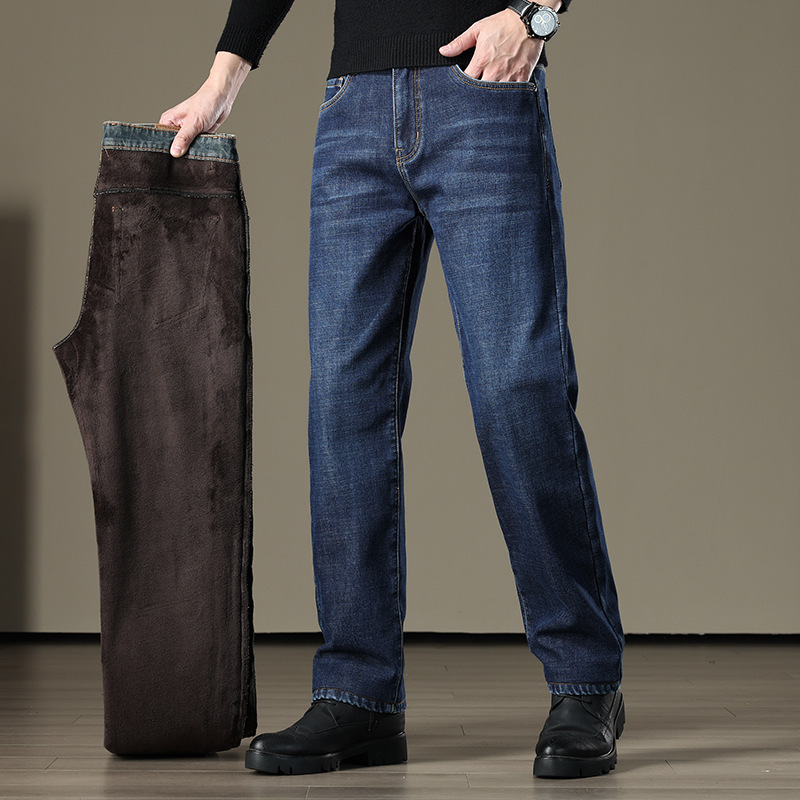 High-end fleece and thickened jeans, loose straight-leg men's autumn and winter pants, stretch middle-aged new winter warm dad pants