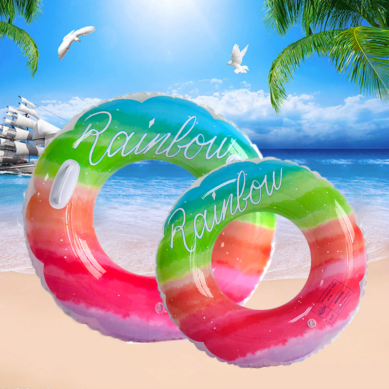 In-Stock Supply Instagram Double Handle Adult Swimming Ring Thickened Pvc Rainbow Pattern Children Swimming Ring Underarm Ring Application Scenario
