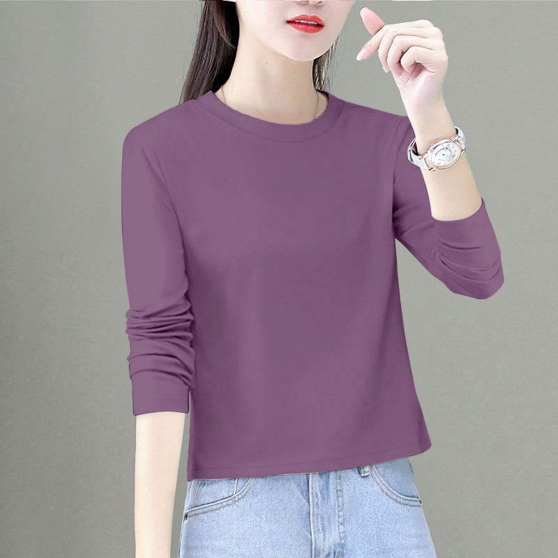 Coffee-colored pure cotton solid-color long-sleeved T-shirt for women, spring and autumn, large size, loose and stylish base layer, short and trendy top for short people Application Scenario