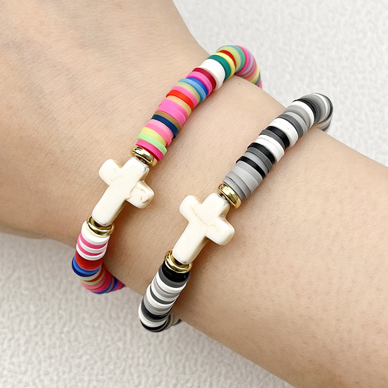 Cross-Border New Foreign Trade Hot Cross Polymer Bracelet Bohemian Style String Elastic Line Polymer Bracelet Lovers Jewelry Manufacturers Direct Sales