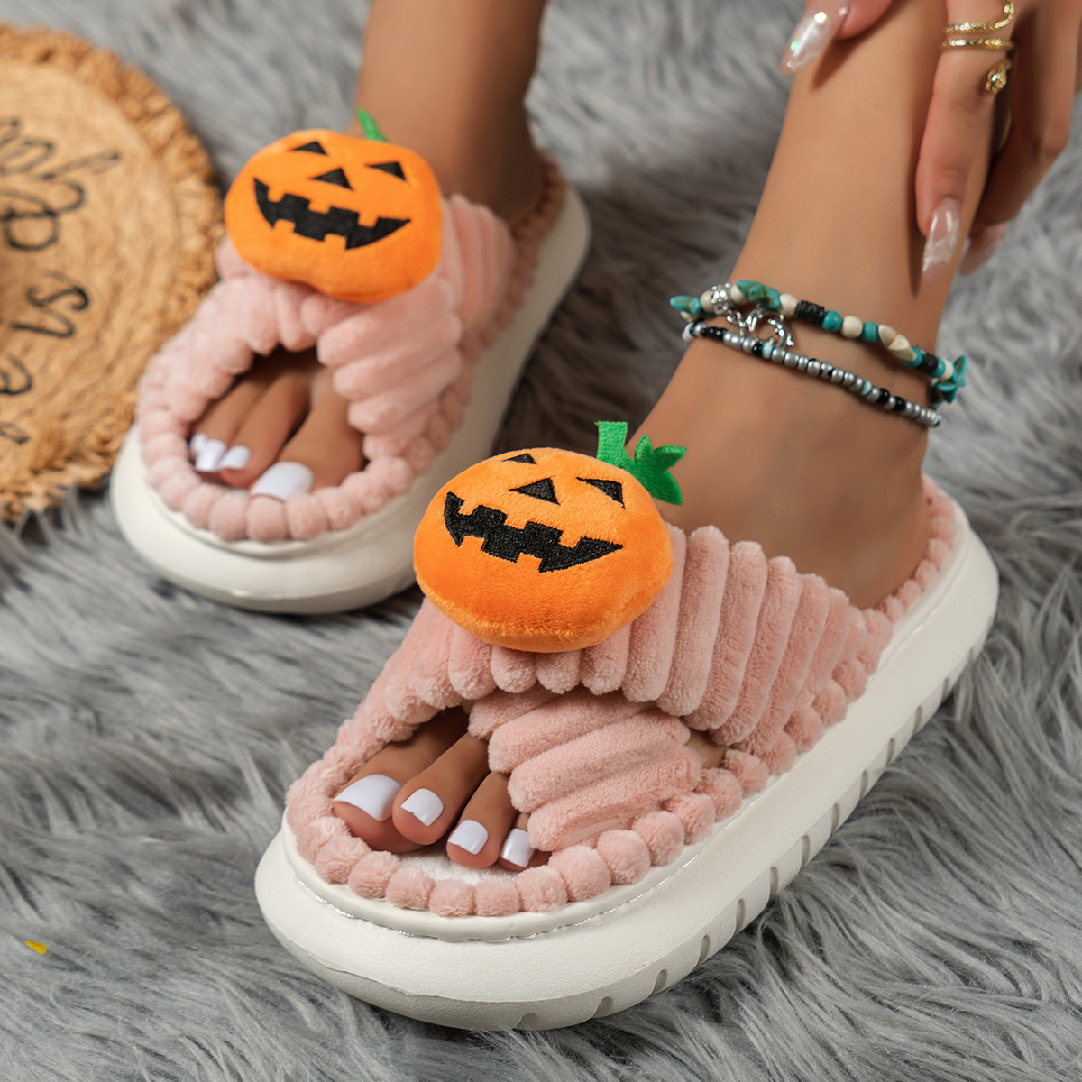 New Store Welfare Cross-Border New Halloween Plush Slipper Pumpkin Devil Home Slipper Soft Plush Open Toe Wear