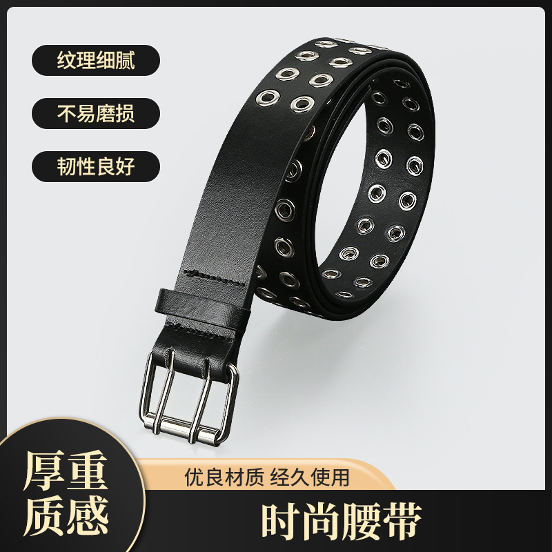 跨境新款气眼腰带女欧美铆钉百搭女士皮带朋克双排针扣牛仔裤腰带
