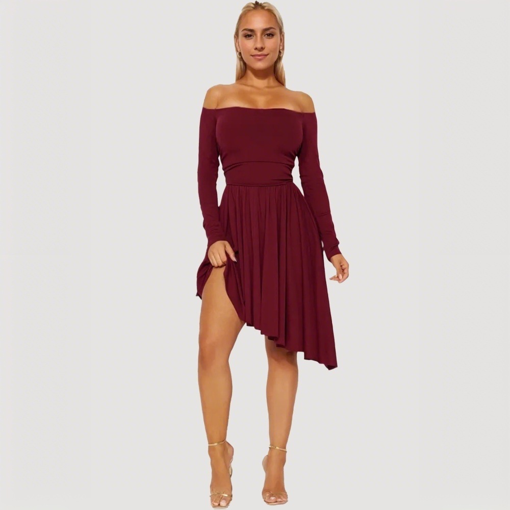 Amazon Cross-Border Women's Wine Red Sexy Dress 2024 Autumn/Winter New Slimming High-Waisted Midi Dress Specification drawing