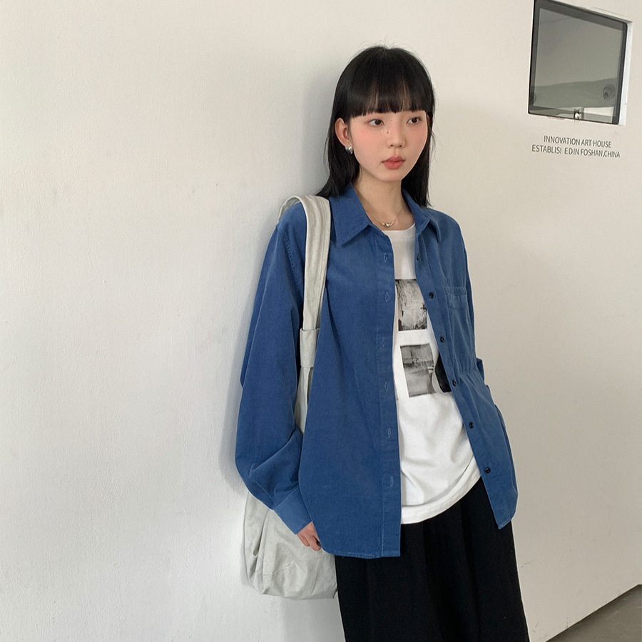 衬衫女长袖韩版/打底衫女长袖韩版/长袖衫女/绸布偏襟衣/外套女宽松休闲产品图