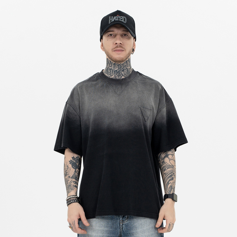 SUP男装|2024春夏新品潮牌美式渐变三角贴布logo重磅复古短袖T恤