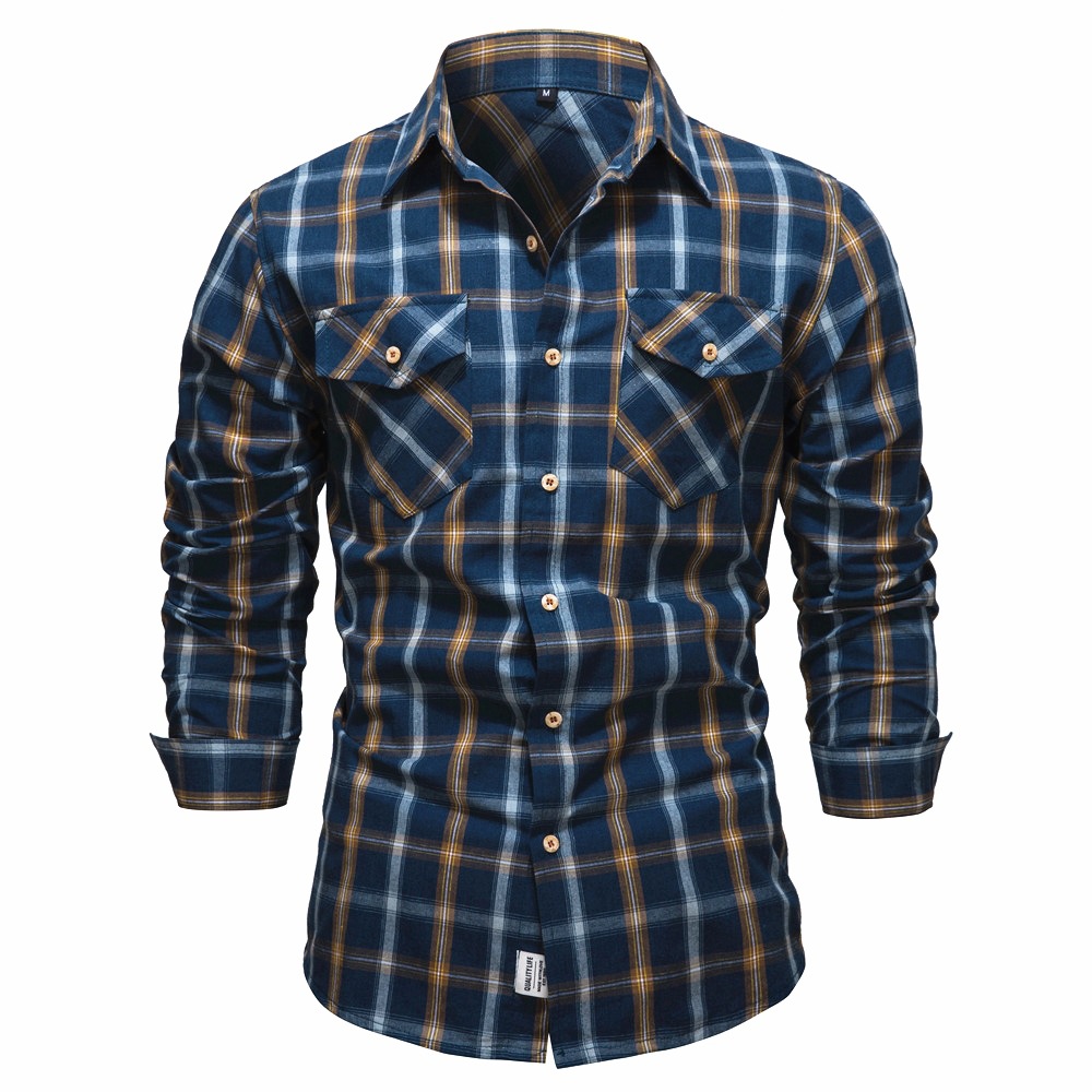 2022 Foreign Trade Light Business Autumn New Men's size pocket Professional shirt, fashionable checked long-sleeved shirt for men