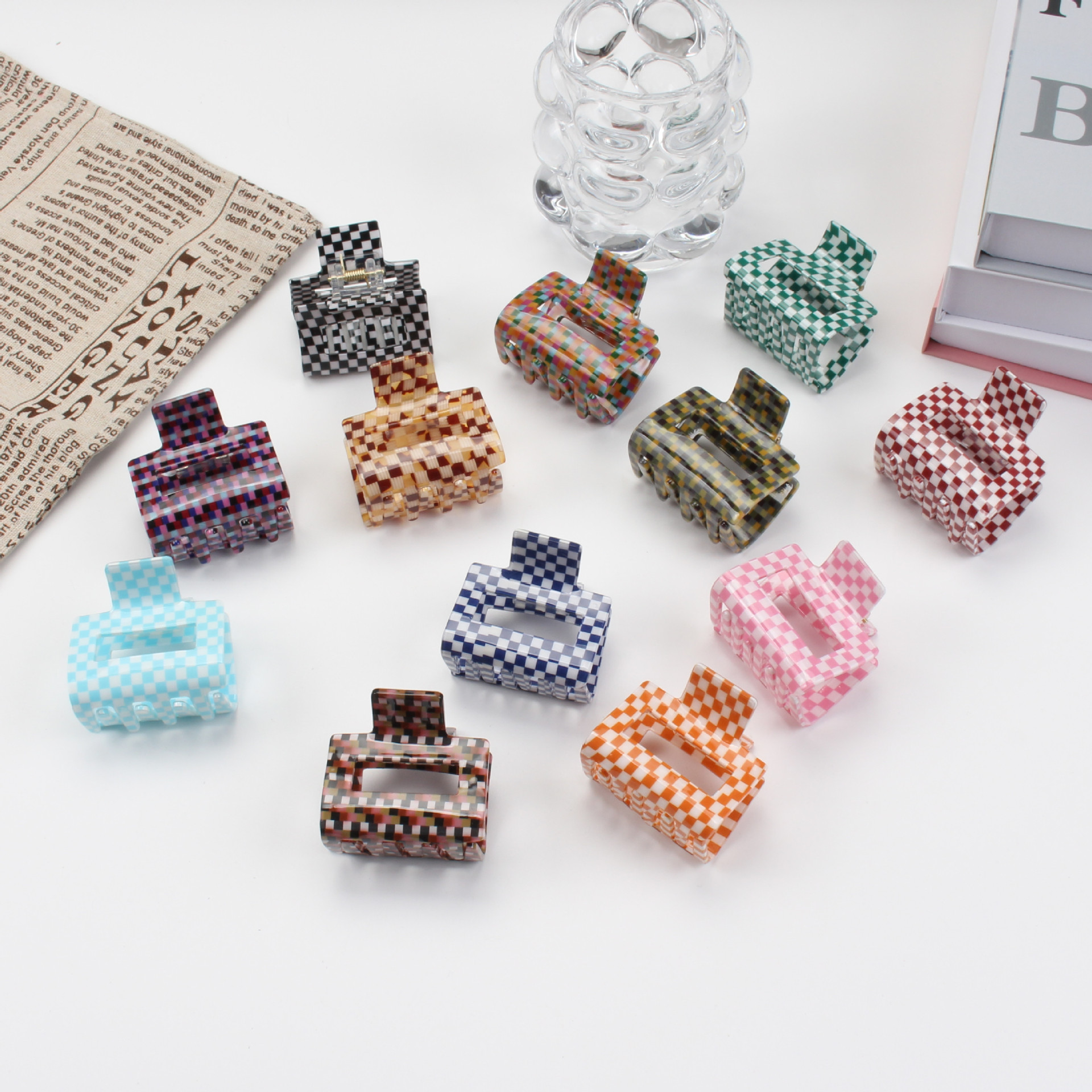 Korean Vintage Checkered Temperament Checkered Square Clip Small Acrylic Pan Hair Clip