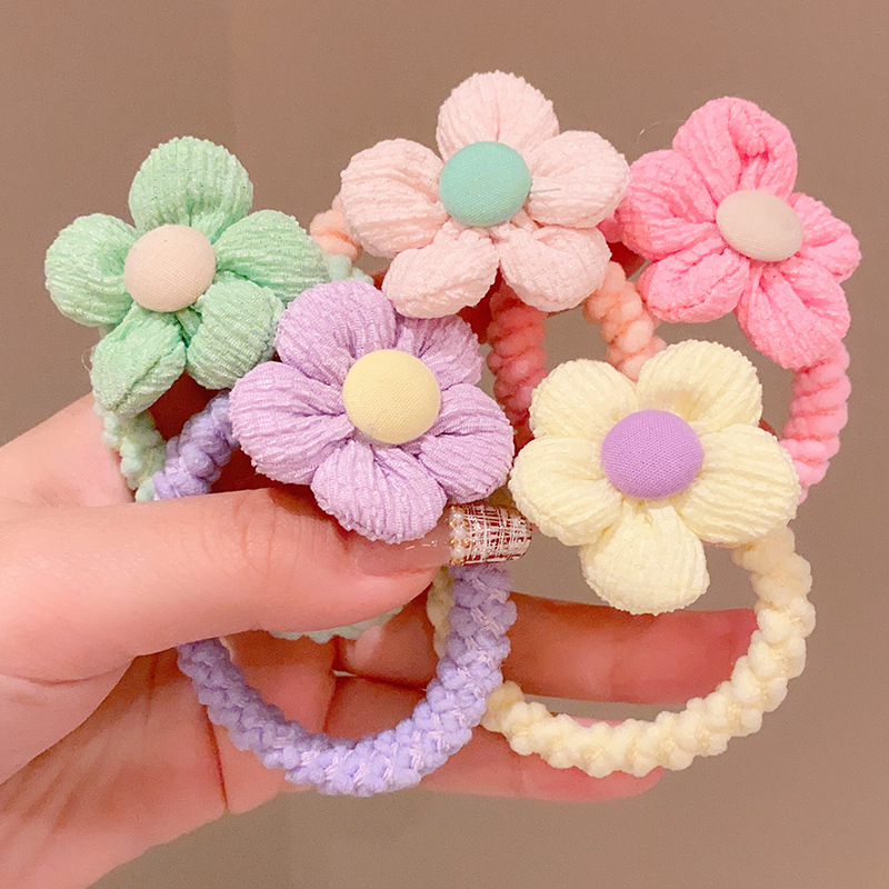 Korean Version Of Color Contrast Flowers Thick Head Rope Girl Hair Ponytail Hair Band 2023 New Children's Leather Band Flower Headwear