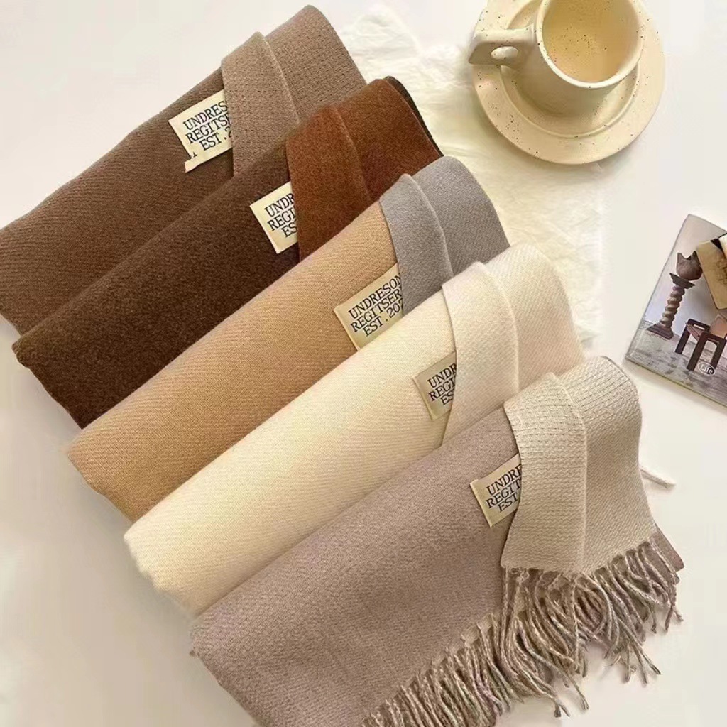 New Korean version double-sided solid color faux cashmere scarf for women, thickened scarf for autumn and winter, Japanese-style fringed fabric label scarf shawl Application Scenario