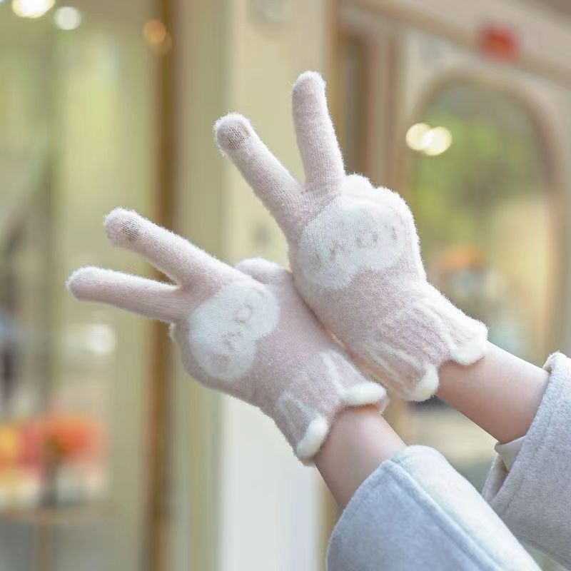 Autumn and winter gloves: Cute rabbit ears for girls, touch screen knitted warm student touch screen cold-proof fleece gloves Specification image