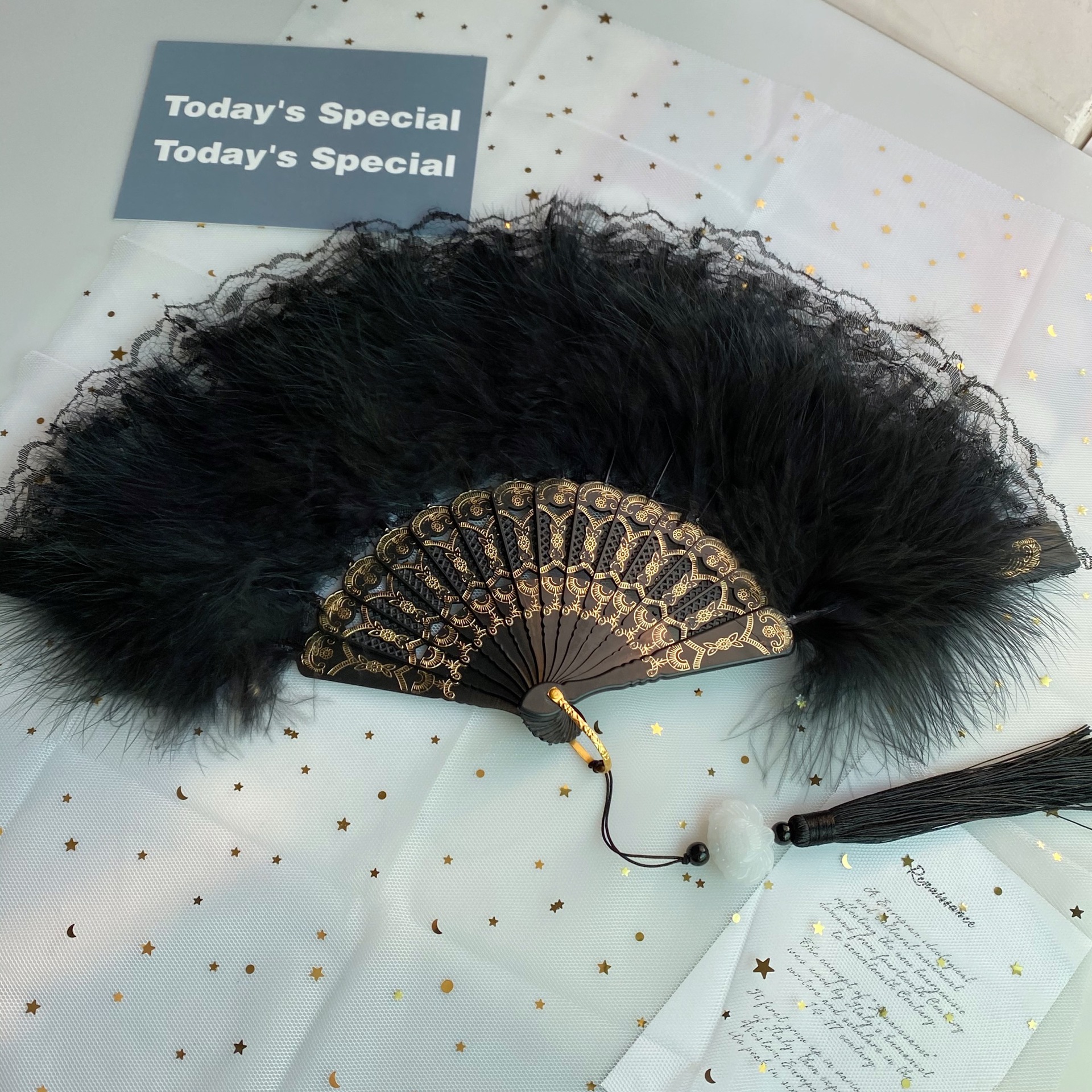 Classic Lolita Lace Feather Fan Qipao Catwalk Photo Feather Folding Fan Dark Lace Feather Fan Item Picture