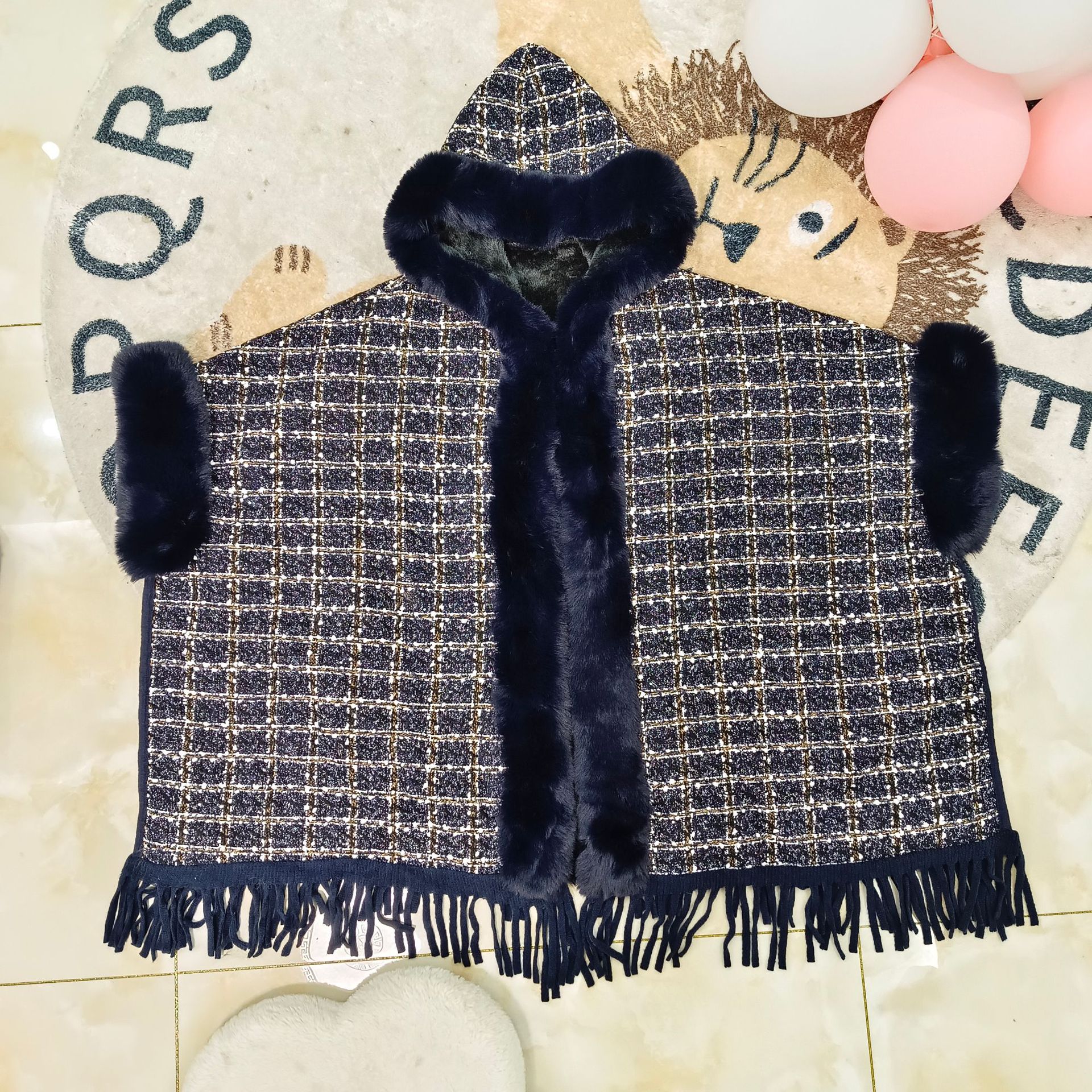 New chanel-style woolen coat, rabbit fur cape, fashionable checked shawl, thickened fur collar, tassel knitted cardigan Item Picture