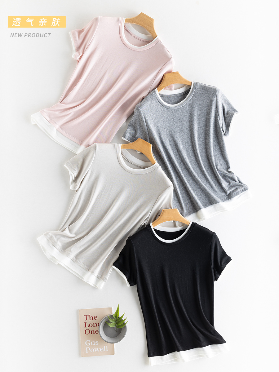New Lanjing Tencel Base Shirt Women Fake Two Crew Neck Short-Sleeved Top Summer Slim-Fit All Match Slimming T-Shirt Application Scenario